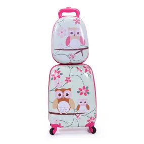 2 PCS Kids Luggage Set, 12" Backpack and 16" Spinner Case with 4 Universal Wheels, Travel Suitcase for Boys Girls, Pink with Animal Patterns