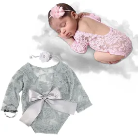 Babymoon Lace Romper with Hairband Photoshoot Props Costume - Grey