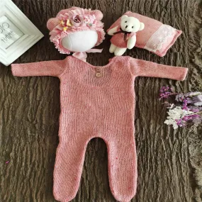 Babymoon | Set Of 4 | Romper, Pillow, Bear & Hat | Costume | Baby Photography Props | Pink