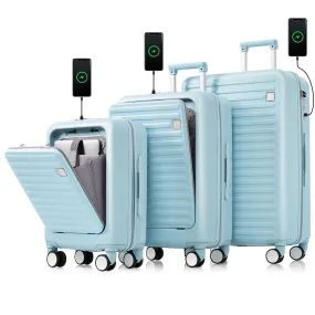 Luggage Set of 3, 20, 24, 28inch with USB Port, 20, 24inch with front opening design Airline Certified Carry on Luggage with Cup Holder, ABS Hard Shell Luggage with Spinner Wheels, light blue