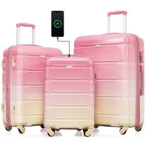 Luggage Set of 3, 20-inch with USB Port, Airline Certified Carry-on Luggage with Cup Holder, ABS PC Hard Shell Luggage with Spinner Wheels, Gradient Pink