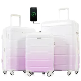 Luggage Set of 3, 20-inch with USB Port, Airline Certified Carry-on Luggage with Cup Holder, ABS PC Hard Shell Luggage with Spinner Wheels, purple, New Products In Stock Mid May