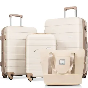 Luggage Sets 4 Piece, Expandable ABS Durable Suitcase with Travel Bag, Carry On Luggage Suitcase Set with 360° Spinner Wheels, ivory and golden